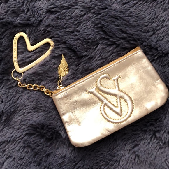 Victoria’s Secret Angel Wings Gold Heart Keychain Metallic Zipper Zip Top Pouch - Picture 1 of 9